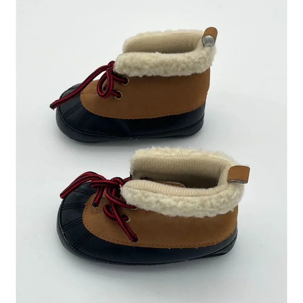 Carters Baby Boy Duck Boots Fleece-Lined Soft Crib Shoes Brown & Black 9-12 Mos - Picture 5 of 6